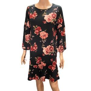 Emberly Black Floral Bell Sleeve Shift Dress Size M